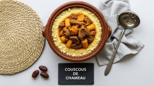 Minimalist flat lay of traditional camel couscous (Couscous de Chameau) stew in a rustic ceramic bowl on a woven straw placemat, featuring a chalkboard, antique silver ladle, and dried dates 