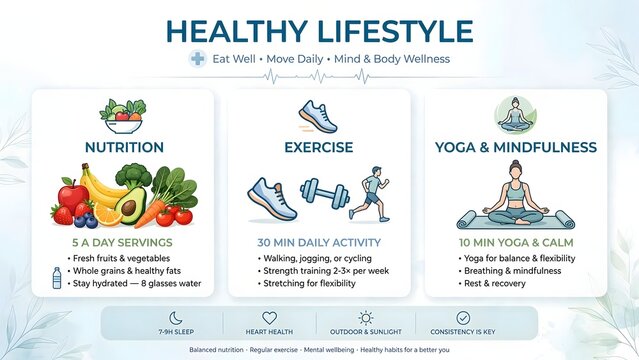 Wellness infographic layout showcasing nutrition, physical exercise, and yoga mindfulness activities for daily balance.
