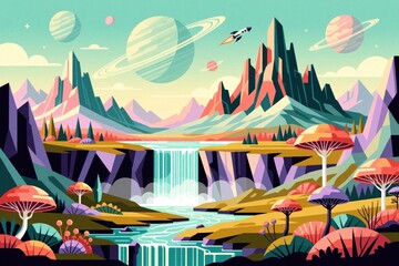 Fototapeta premium Retro futuristic alien planet landscape with geometric mountains, waterfalls. Large planets, small rocket fly through pastel sky. Surreal fantasy world features colorful mushrooms, cosmic rivers,