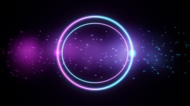 Neon glowing circular frame with particles, abstract cyberpunk motion background, futuristic digital ring overlay for tech presentations