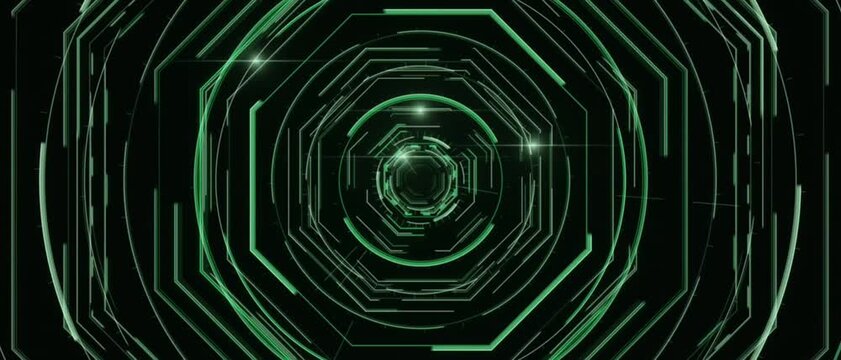 Green glowing octagonal rings form a digital tunnel on a black background, futuristic scifi