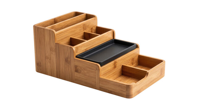 Bamboo desk organizer with multiple compartments, wooden office storage caddy for stationery, tiered bamboo desktop tidy for home office organization