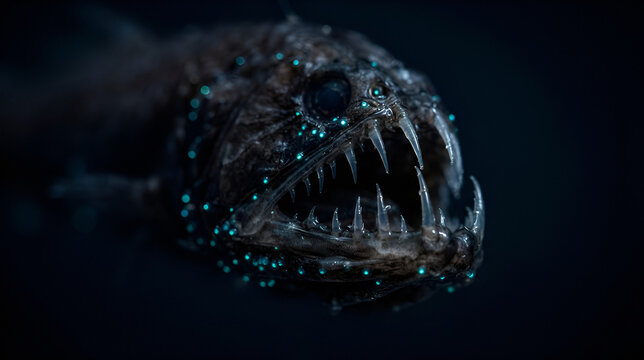 Deep sea fish with bioluminescent particles and sharp teeth