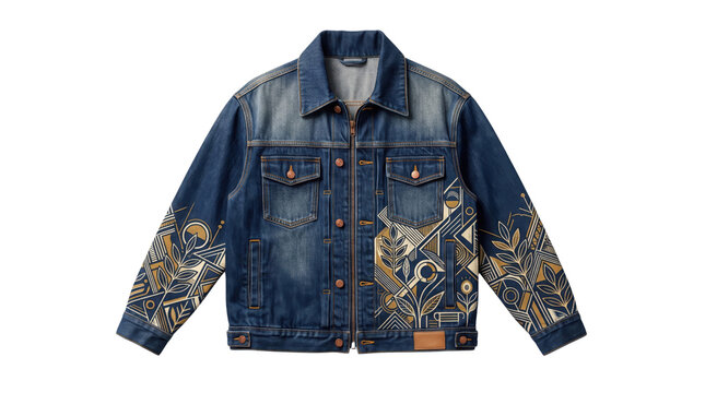 Embroidered denim jacket with geometric patterns, vintage blue jean jacket for urban streetwear, stylish cotton denim outerwear isolated on white