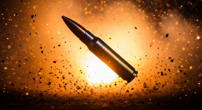 A single metallic rifle bullet flying through golden sparks and debris, cinematic lighting, ideal for defense industry, military blogs and action posters