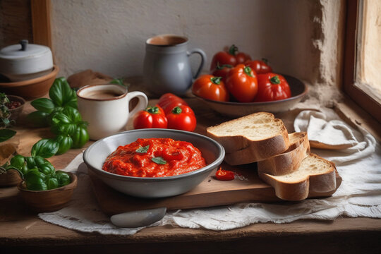 Tomatoes and bread on wooden table