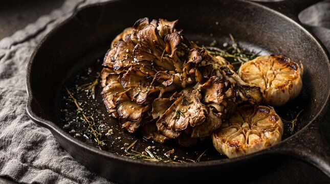 Crispy roasted maitake mushrooms with whole roasted garlic in cast iron skillet