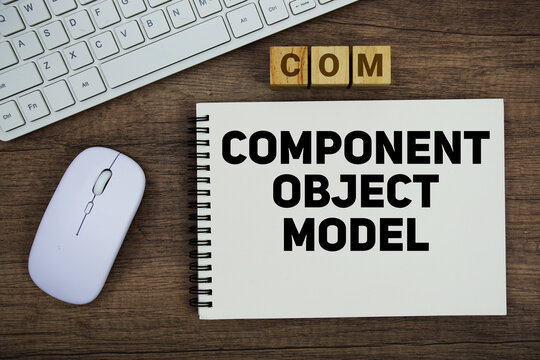 COM Component Object Model message with keyboard and optical mouse on wooden background