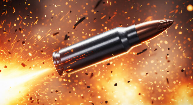Close-up of a flying metallic bullet with explosive sparks and fiery debris, suitable for action gaming, military banners and defense concepts