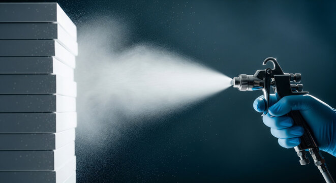 Close-up of hand using pneumatic spray gun to coat white panels with paint mist, suitable for industrial ads, coating services and equipment brochures