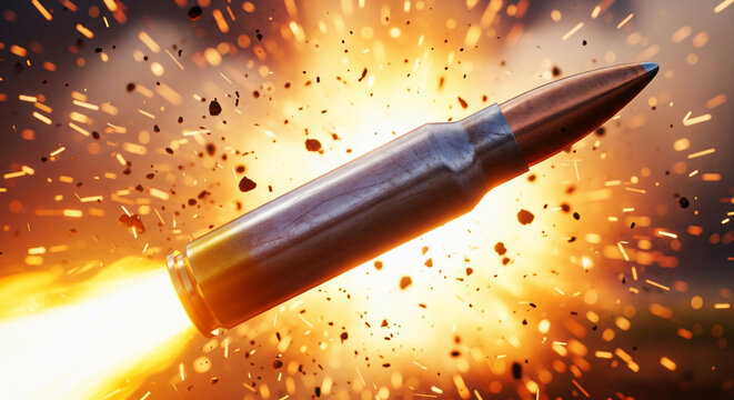 Dynamic close-up shot of a rifle bullet flying through fiery explosions and glowing sparks, ideal for defense, military action and weapons advertising