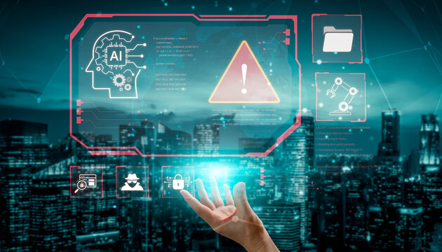 Futuristic cybersecurity concept featuring a critical system warning, malware detection, and red alert interface. Represents a data breach, ransomware attack, and automated AI defense response. Corpus