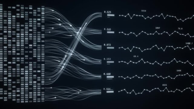 White data flows connect a grid of data blocks to live line charts with numbers on a dark background, analytics visualization technology