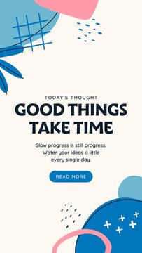 Doodle Abstract Stories / Cream Quote Story with Blue Blobs, Grid Doodles and Leaves for Daily Thoughts, Patience Quotes and Wellness Posts / Vertical / Part 01