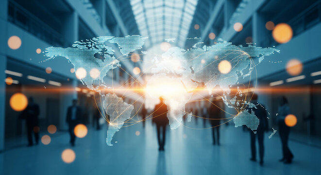 Glowing digital world map with network connections over a modern office lobby with blurred people, concept for global business, international trade and corporate communication