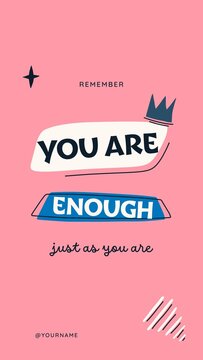 Doodle Stories / Pink You Are Enough Story with Crown Doodle, Ribbon Labels and Sparkles for Self Worth Affirmations and Confidence Posts / Vertical / Part 07