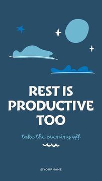 Doodle Stories / Navy Night Story with Moon, Clouds and Stars for Rest Reminders, Evening Wind Down and Life Balance Posts / Vertical / Part 08