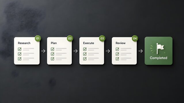 Project management workflow concept with sequential task lists from research to execution culminating in a completed goal flag icon