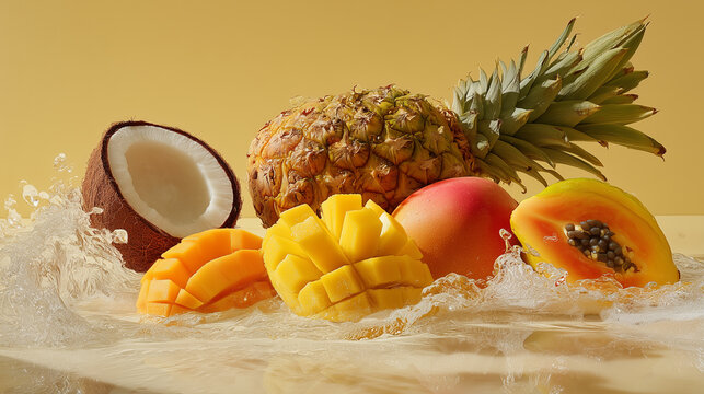 tropical fruits arranged on pastel yellow surface with water splash. Coconut and pineapple chunk