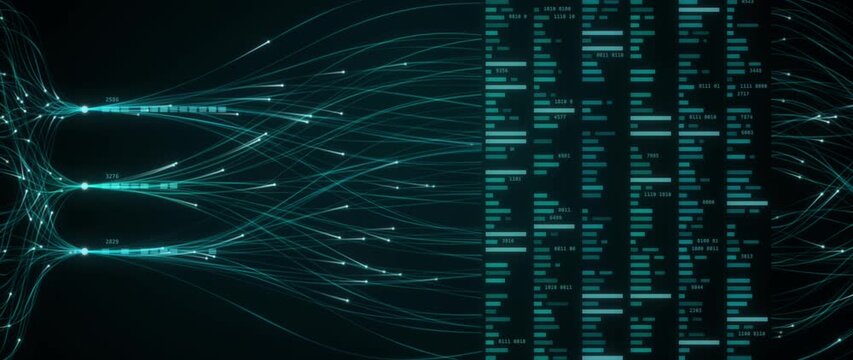 Cyan data streams flow through glowing network nodes past columns of code as the camera moves sideways, AI technology background,