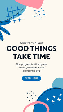 Doodle Abstract Stories / Cream Quote Story with Blue Blobs, Grid Doodles and Leaves for Daily Thoughts, Patience Quotes and Wellness Posts / Vertical / Part 01