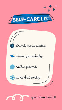 Doodle Stories / Pink Self Care List Story with Checklist Note, Ribbon Title and Doodle Markers for Healthy Habits and Wellness Tips / Vertical / Part 03