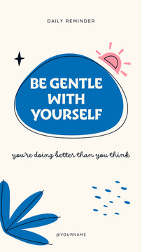 Doodle Stories / Cream Daily Reminder Story with Blue Speech Blob, Pink Sun and Leaf Doodles for Self Compassion and Kind Words / Vertical / Part 01