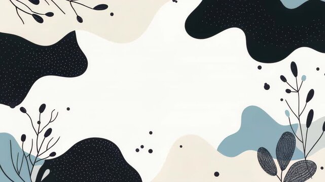 Abstract Nature Inspired Background: Delicate botanical elements and flowing abstract shapes in a neutral color palette create a serene and modern artistic backdrop, perfect for design projects.