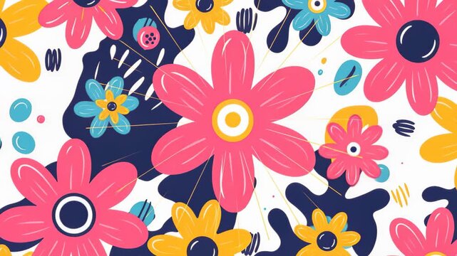 Vibrant Floral Pattern: A delightful and colorful arrangement of stylized flowers and abstract shapes, creating a cheerful and energetic graphic design perfect for various applications.