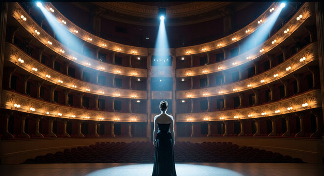 Woman in elegant dress on stage under spotlight in grand theater, perfect for performance, entertainment and cultural events