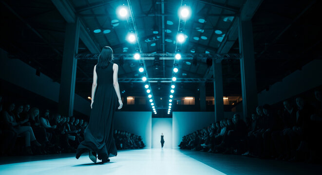 Woman in long black dress walking on a fashion runway with bright blue spotlights and audience on sides, concept for haute couture, fashion show and runway modeling events