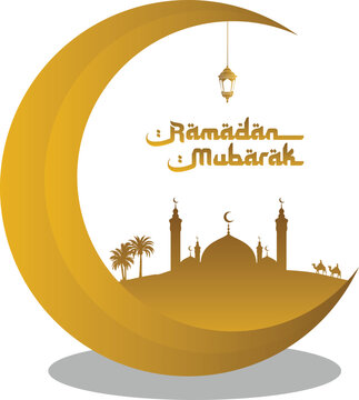 Ramadan Mubarak Crescent Moon with Mosque Silhouette Gold Illustration