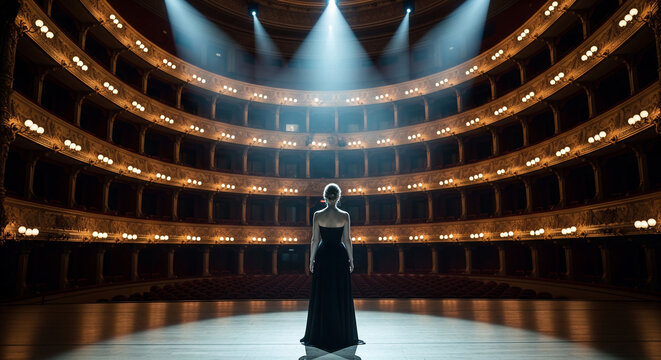 Woman in evening dress standing on a grand opera theater stage under cinematic spotlights, suitable for artistic performance, theater and culture