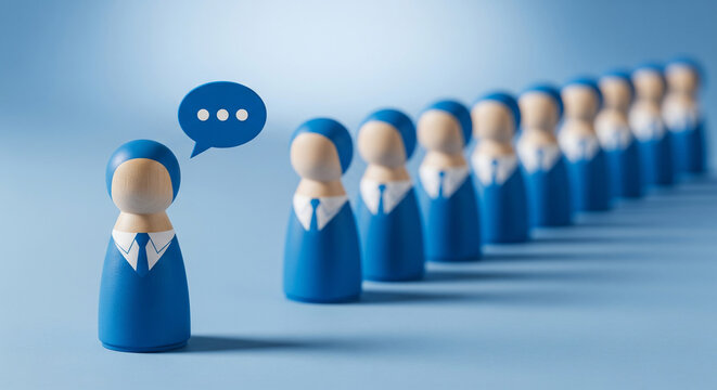 Wooden figures in blue suits standing in a row with a speech bubble, concept for corporate communication, teamwork and leadership promotion