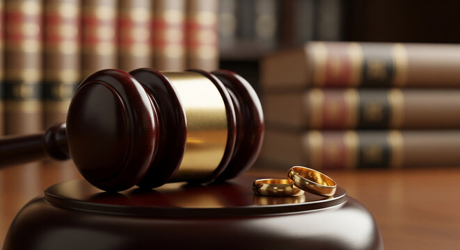Wooden judge gavel with gold wedding rings resting on a block with blurred law books background, perfect for divorce law, family court and alimony settlement