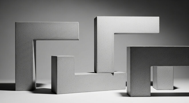 Abstract composition featuring geometric L shaped grey concrete structural elements creating dynamic shadows and visual balance in an architectural display showcasing form and spatial