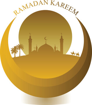 Ramadan Kareem Crescent Moon with Mosque Silhouette Gold Illustration