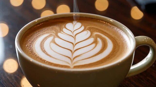 Fresh cup of hot coffee with beautiful latte art placed on wooden table with warm bokeh lights