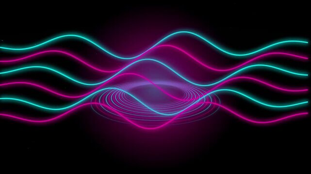 Neon wave abstract background, with pulsing circular, rings, glowing cyan, and magenta light, trails for futuristic motion