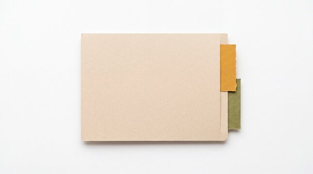 A simple, minimalist notebook with a cream-colored cover and two distinct tabbed pages in ochre and olive green, presented on a stark white background.