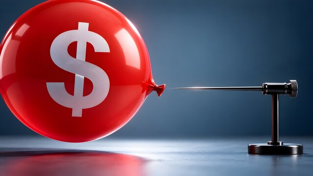 Economic bubble burst concept with metal needle popping red dollar sign balloon representing financial crisis and market inflation risk
