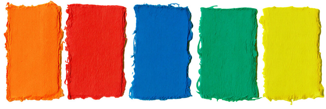 Five rectangular pieces of handmade paper in vibrant orange, red, blue, green, and yellow colors isolated on transparent background
