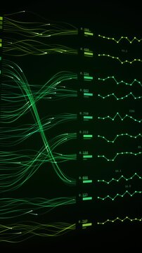 Green data streams cross and flow into line charts with values on a dark background, digital analytics dashboard,