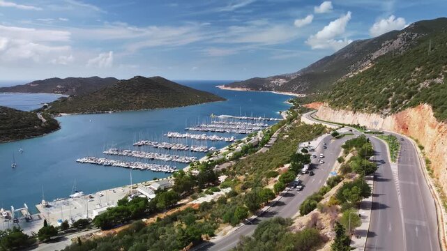 Aerial view of marina coastline and yachts in the morning filmed by drone. Calm turquoise water with orderly berths and winding cliffside road. Distant islands on horizon at soft golden light travel