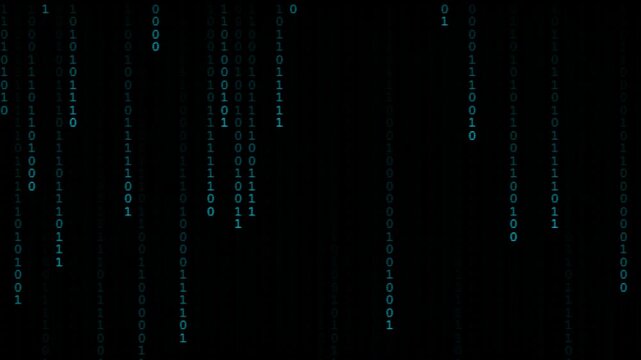 Blue binary code falling down on dark digital background screen