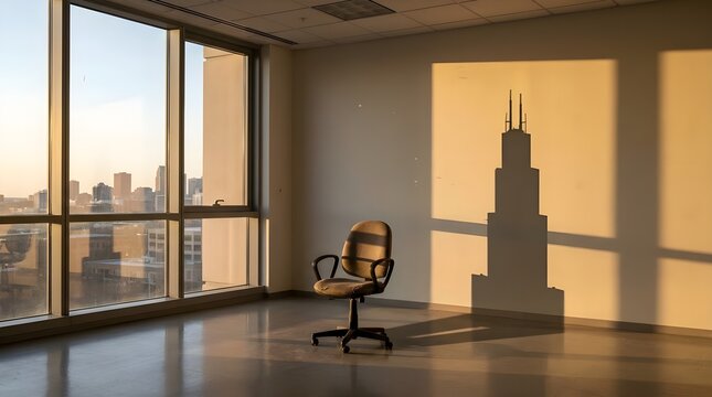 Empty Office Chair With Chicago Skyscraper Shadow On Wall At Sunset Business Concept