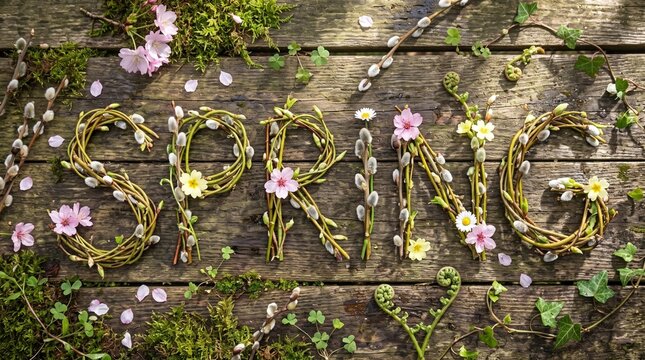 Spring Word Lettering Made of Flowers and Twigs on Wooden Background. Seasonal Concept Banner with Copy Space