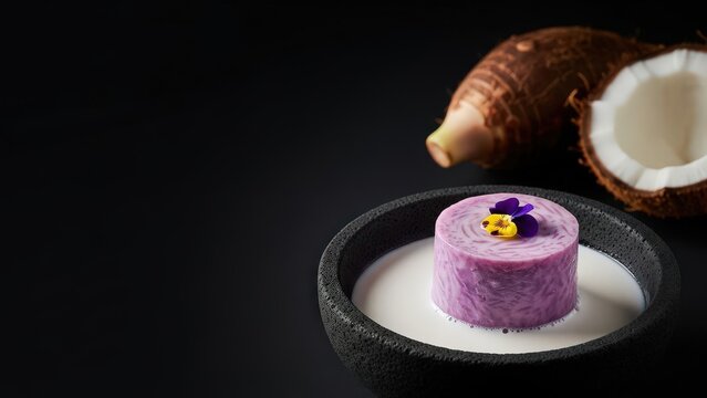 Luxurious fine dining presentation of traditional Pacific taro in coconut milk featuring a tourn&eacute;ed cylinder of simmered purple taro in a volcanic stone bowl with coconut cream, a raw taro bulb