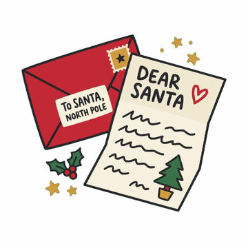 Handwritten letter to santa with an envelope, bold outline christmas illustration for greeting cards and stickers