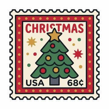 Decorative postage stamp with a tree motif, merry christmas flat design element vector illustration